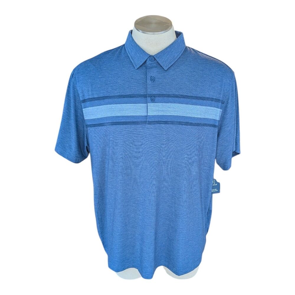 George Mens Polo Shirt 3XL Blue Heathered Chest Stripe Golf Casual NWT Comfort
